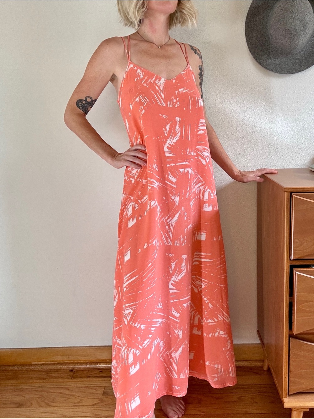 Armani Exchange 100% Silk Maxi Dress XS Coral Resort Tropical Boho Beach Flowy